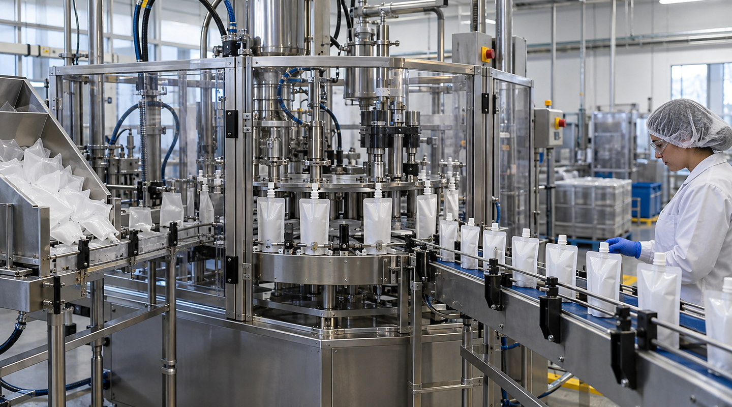 Pre-made spouted pouches indexed through a guarded filling and capping carousel with filled pouches visible on the discharge conveyor.